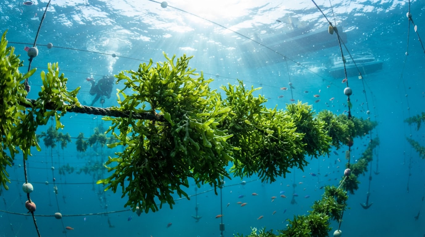 Aerial view of a vast oceanic seaweed farm with neatly arranged buoy lines stretching across deep blue waters under a bright sky