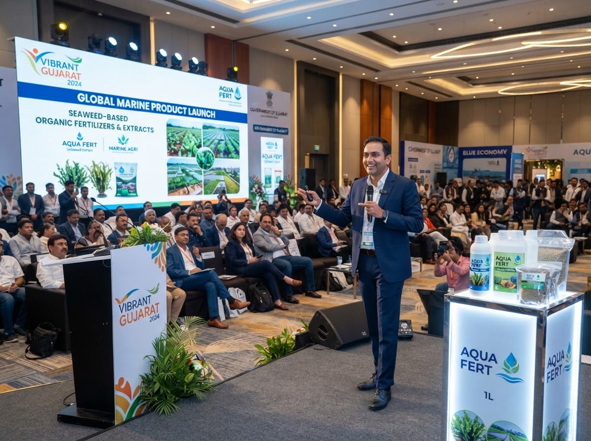 Product launch presentation at Vibrant Gujarat showcasing seaweed-based organic fertilizers